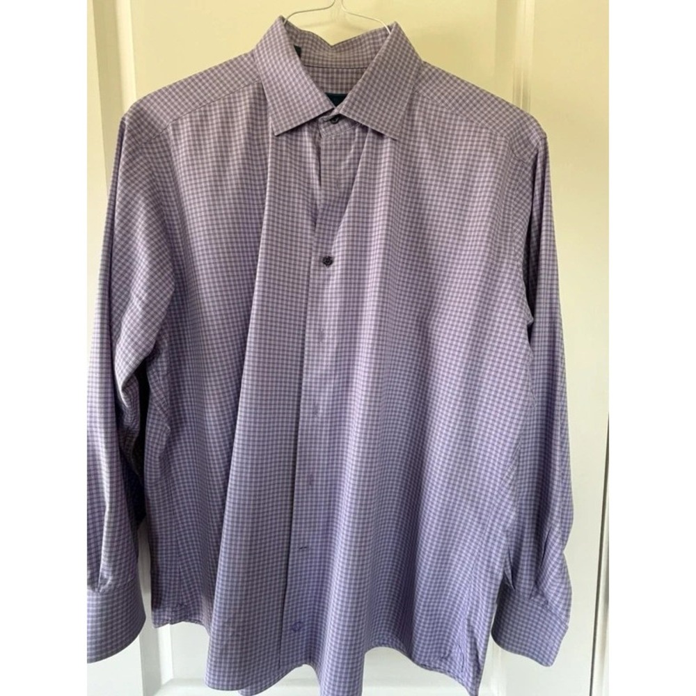 David Donahue Dress Shirt Mens 18 34/35 Purple Blue Plaid Trim Fit Button Up